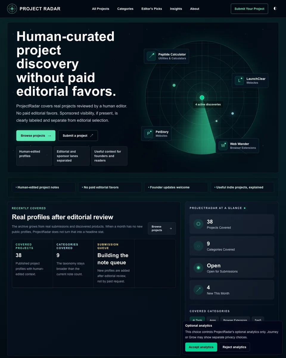 Project Radar human-curated project discovery homepage