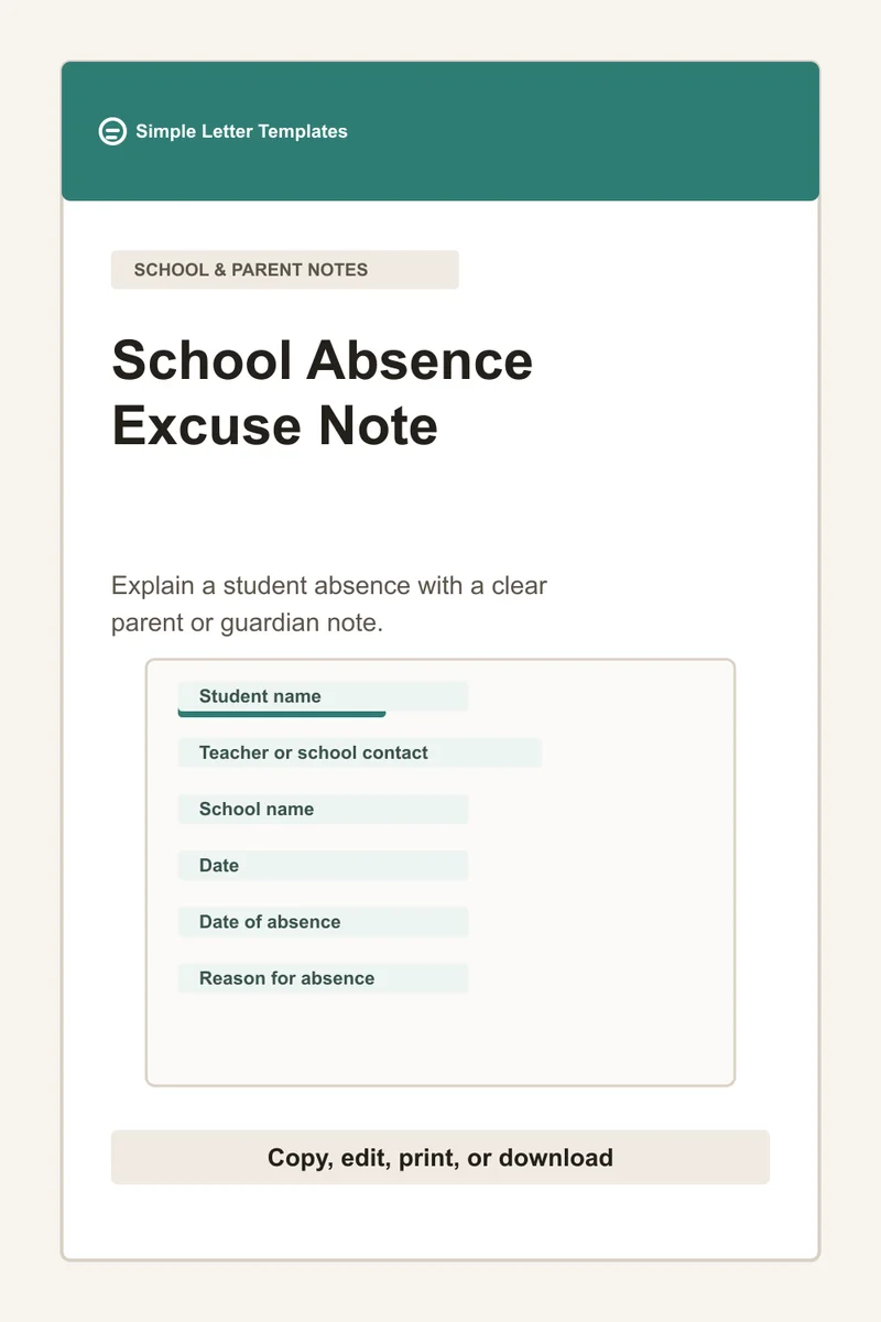Simple Letter Templates school absence note preview