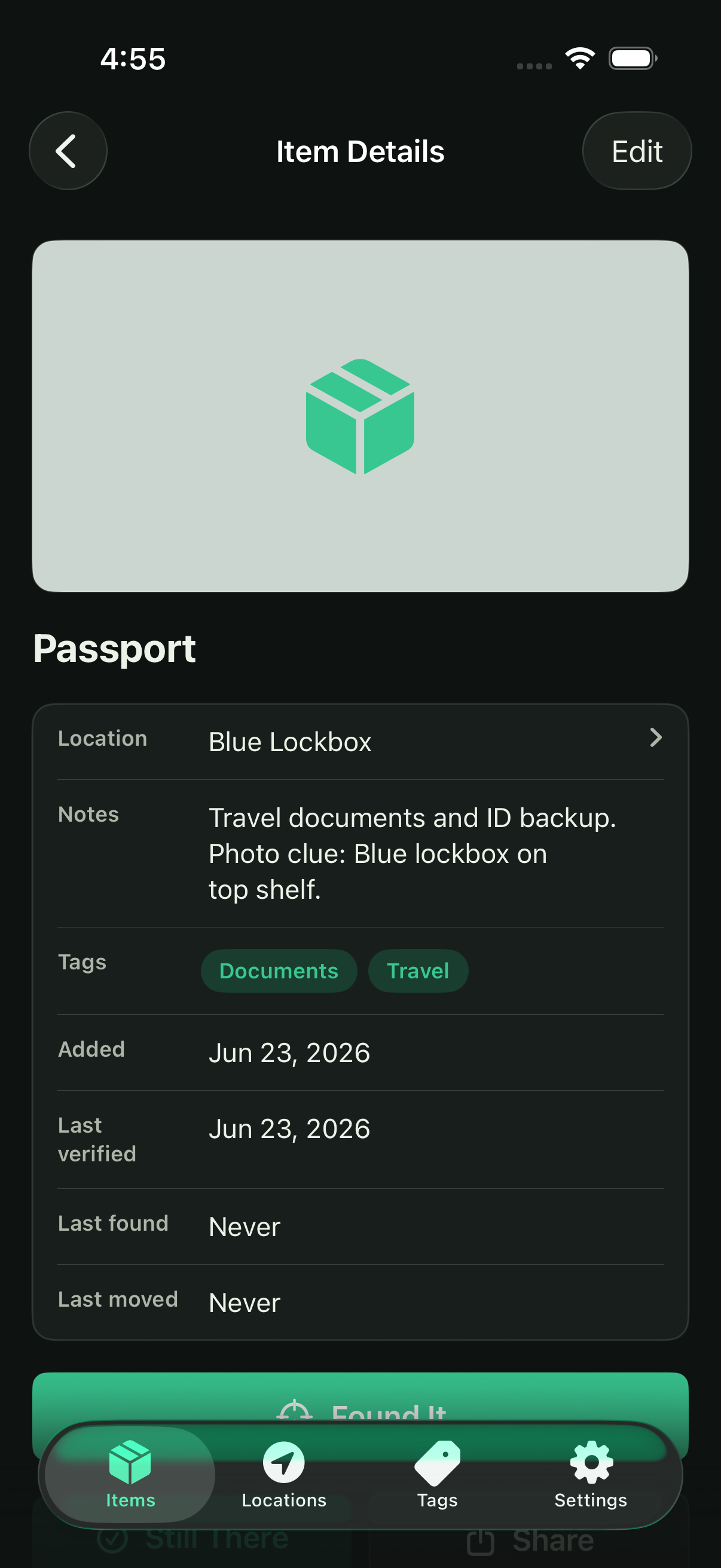 StashPin item details showing a passport in a blue lockbox