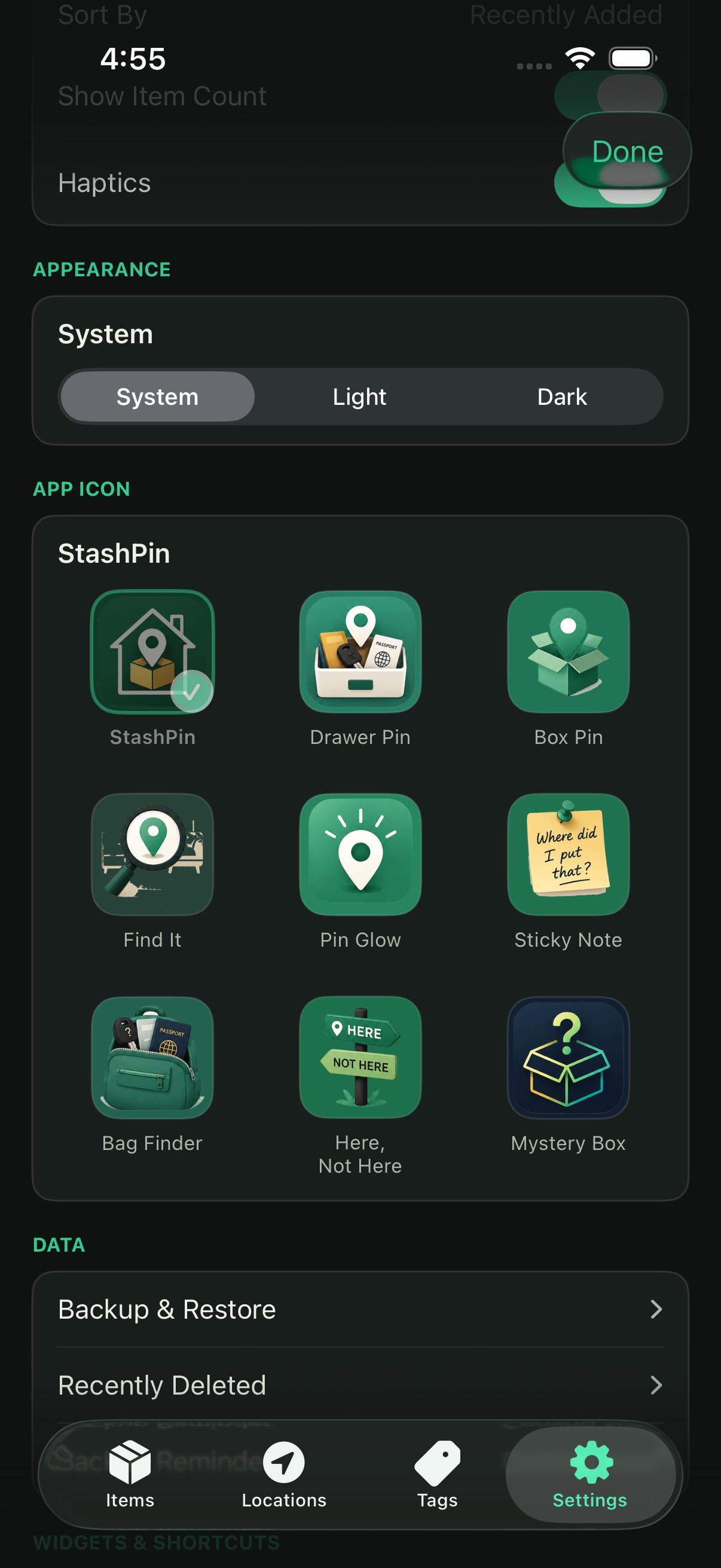 StashPin settings with local Backup and Restore controls