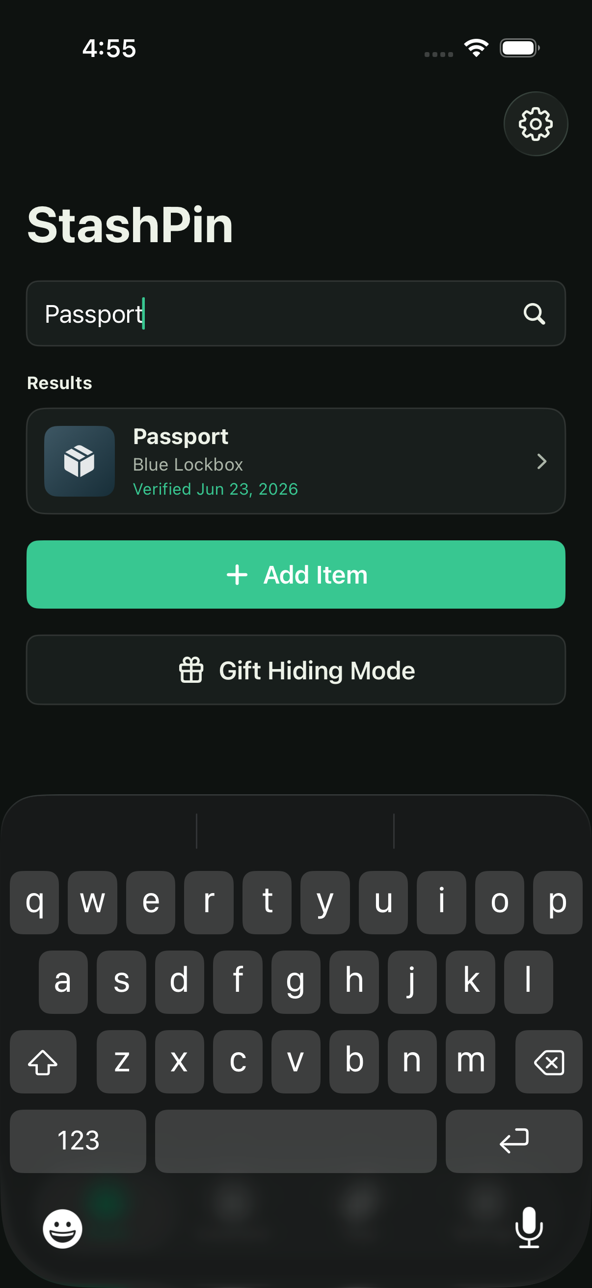 StashPin search screen finding a stored item